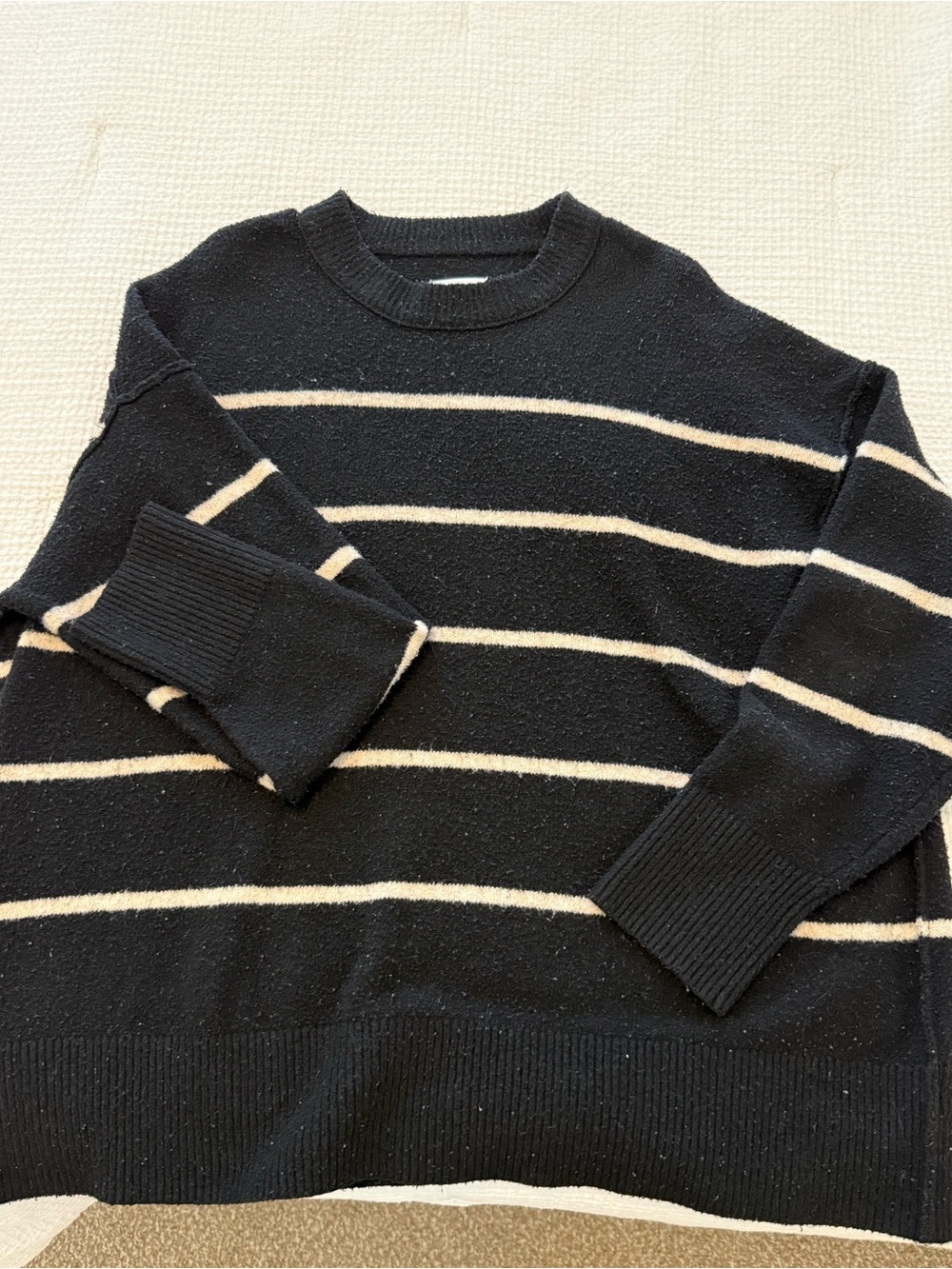aerie Black Crewneck Sweater with Cream Stripes